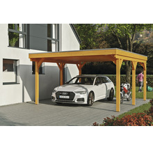 Holz Carport mit Auto und Motorrad
