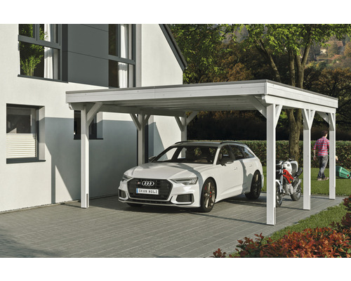 Einzelcarport SKAN Holz Grunewald inkl. EPDM Folie 427 x 554 cm weiß Carport aus Holz mit Auto und Motorrad