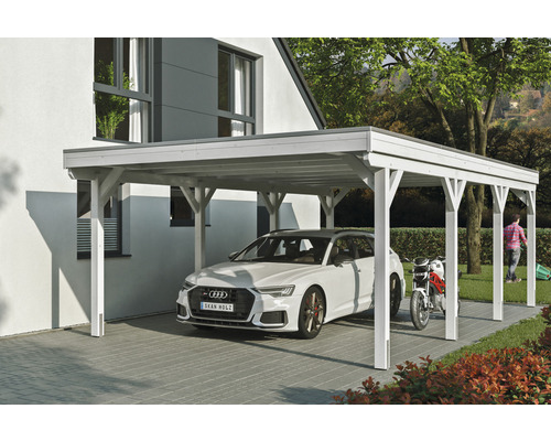 Einzelcarport SKAN Holz Grunewald inkl. EPDM Folie 427 x 796 cm weiß Überdachter Carport aus Holz mit Auto und Motorrad