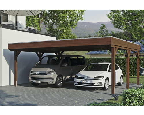 Doppelcarport SKAN Holz Grunewald inkl. EPDM Folie 622 x 554 cm Nussbaum