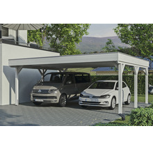 Carport aus Holz mit zwei parkenden Autos