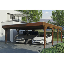 Carport aus Holz mit zwei parkenden Autos