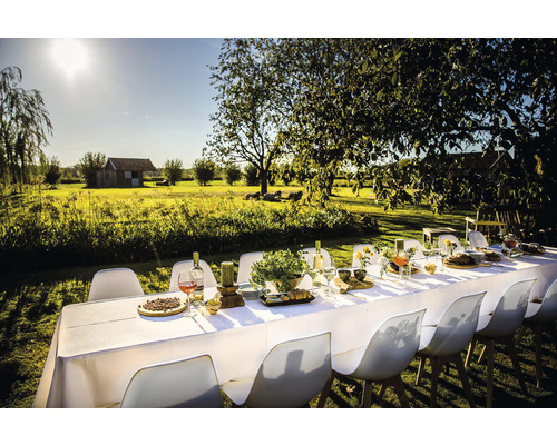 Gedeckte lange Tafel mit Stühlen im Garten, umgeben von Bäumen und Wiese.