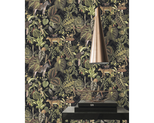 Tapete mit Dschungelmotiv, Zebras, Affen und Leoparden vor dunklem Zickzack-Hintergrund