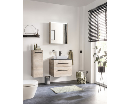 Badezimmer mit Waschtisch, Spiegelschrank, WC und Dekorationen in hellem und freundlichem Design