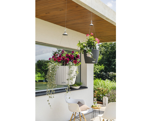 Szene mit zwei hängenden Pflanzgefäßen mit Blumen im Außenbereich