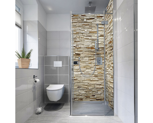 Duschrückwand-Folie mySpotti Fresh Rustical Bricks 210 x 100 cm Modernes Badezimmer mit Dusche, Toilette und Fenster
