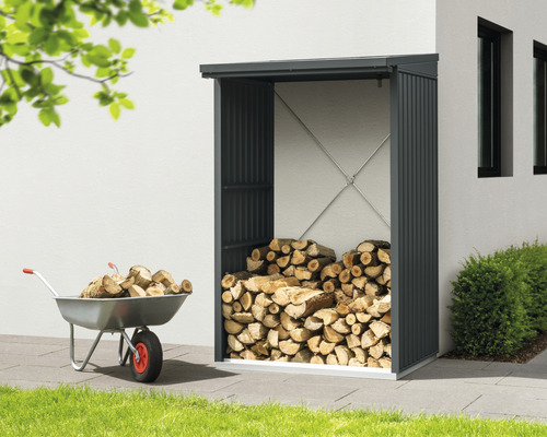 Holzlager mit Brennholz und Schubkarre im Garten