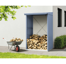 Außenaufnahme eines Holzschuppens mit Holz und einer Schubkarre mit Holz