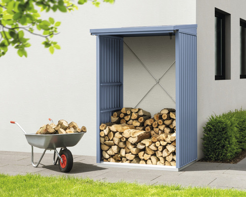 Außenaufnahme eines Holzschuppens mit Holz und einer Schubkarre mit Holz