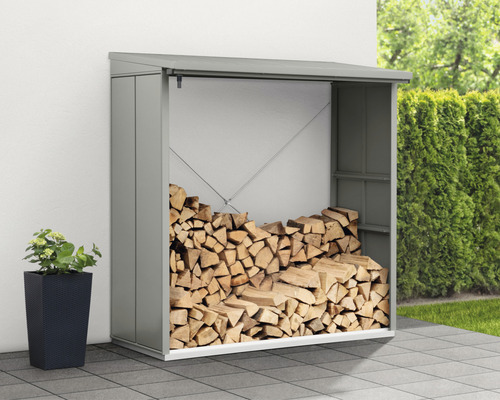 Holzlager mit Holz und Pflanze im Topf