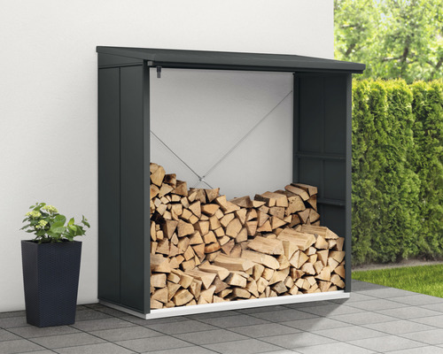 Holzlager mit Holz und Pflanze im Topf