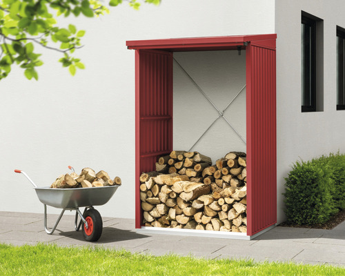 Holzlager gefüllt mit Brennholz und Schubkarre