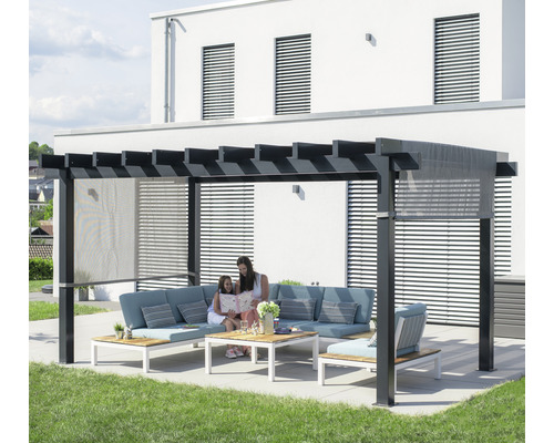 Pergola, Pavillon SOJAG Yamba 10x16 445,5 x 251,8 cm anthrazit Sitzgruppe unter einer Pergola mit Sonnenschutz und zwei Personen