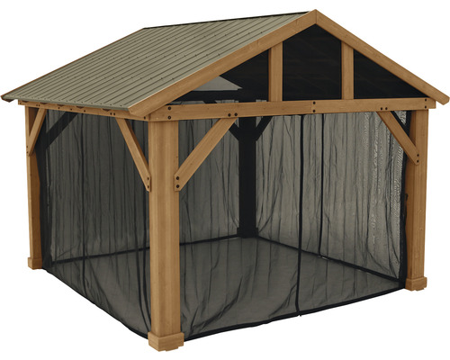 Holzpavillon mit Metalldach und Moskitonetz