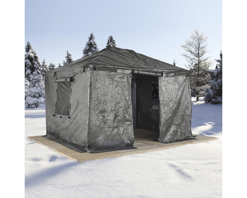 Graues Outdoor-Zelt mit Fenster und Holzboden im Winter