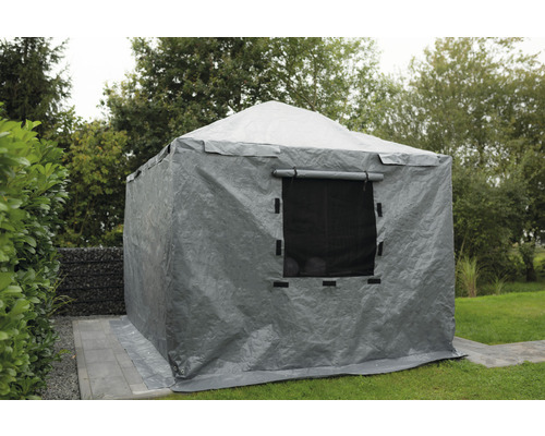 Grauer Pavillon mit Fenster auf einer Rasenfläche