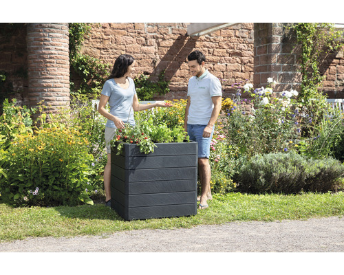 Ein Paar betrachtet ein bepflanztes, rechteckiges Hochbeet im Garten.