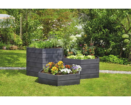 Drei mit Pflanzen bepflanzte Hochbeete aus Holz im Garten