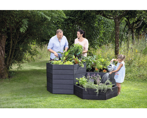 Familie gärtnert in Hochbeeten im Garten.