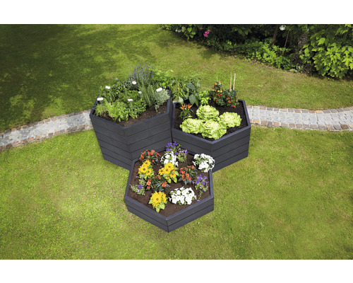 Drei Hochbeete aus Kunststoff mit Blumen und Gemüse im Garten