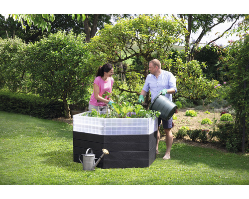 Personen bepflanzen ein Hochbeet im Garten mit einem Gießkanne daneben.