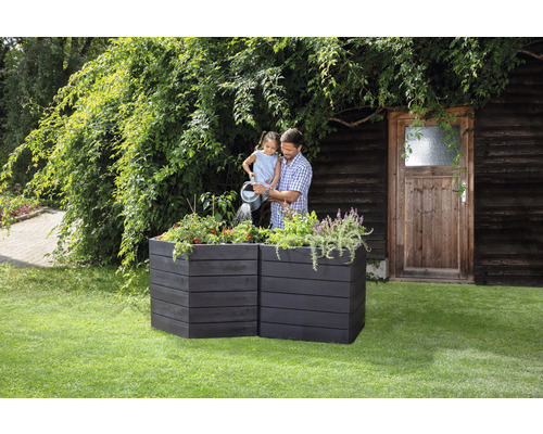 Ein Mann und ein Kind gießen Pflanzen in einem Hochbeet im Garten.