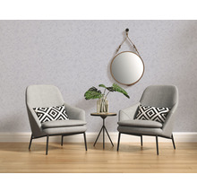 Zwei Sessel mit Kissen, Tisch mit Pflanze und Spiegel an der Wand.