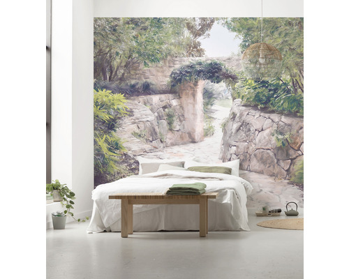 Wandbild mit einem Gartenweg, Schlafzimmer mit Bett