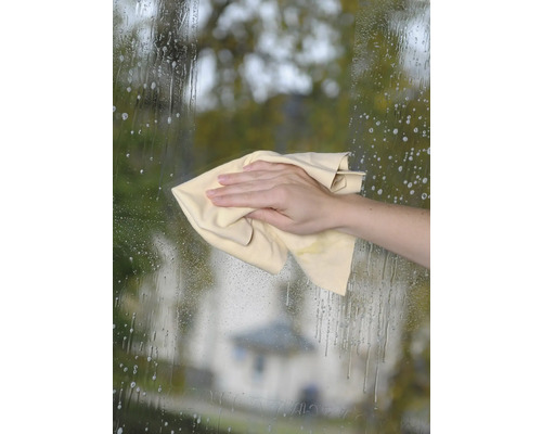 Hand wischt mit einem Tuch eine Glasoberfläche sauber