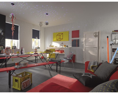 Partyraum mit Biertischgarnitur, Sofaecke und Diskokugelbeleuchtung