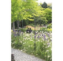 Gartenszene mit Rosenbogen, Ziergräsern und Pflasterweg