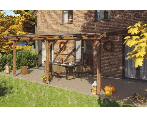 Terrassenüberdachung SKAN HOLZ Rimini 648x300 cm nußbaum Holzterrasse mit Terrassenüberdachung, Tisch und Stühlen vor einem Backsteinhaus
