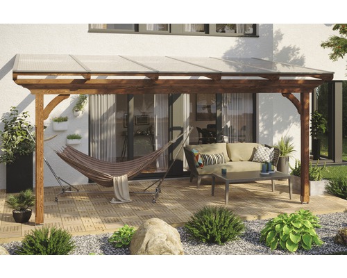 Terrassenüberdachung SKAN HOLZ Ravenna 541x300 cm nußbaum Überdachte Terrasse mit Holzkonstruktion, Hängematte und Sitzgruppe im Garten