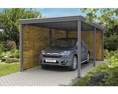 Einzelcarport SKAN HOLZ Cubus-Form mit Seiten- und Rückwand 294x574 cm grau Auto unter Carport mit Holzlamellenwand