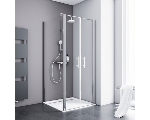 Duschtür mit Seitenwand mit Pendeltür SCHULTE Alexa Style 2.0 ExpressPlus 90 x 90 cm Profil aluminium Klarglas schmutzabweisende Glasbeschichtung Duschkabine mit Brausegarnitur im Badezimmer