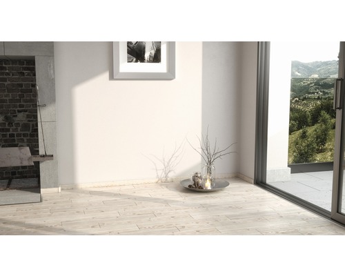 Heller Raum mit Holzboden, Kamin und Fenster mit Ausblick