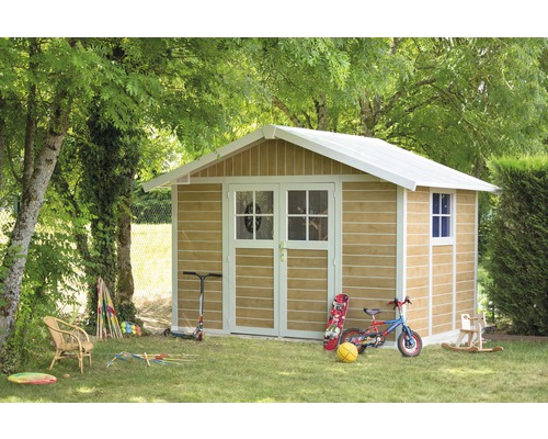 Gartenhaus Grosfillex Deco H7,5 Sherwood 370 x 298 cm holzoptik Garten mit Gerätehaus, Spielzeug und Bäumen