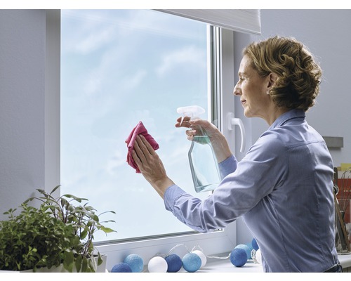 Frau putzt Fenster mit Sprühflasche und Tuch
