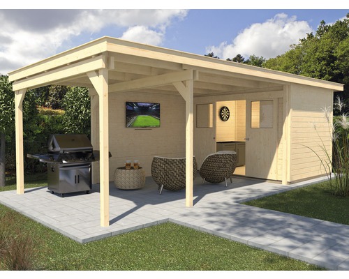 Gartenhaus weka Man Cave Play & Relax Gr.2 mit Fußboden und seitlicher Überdachung 676 x 336 cm natur