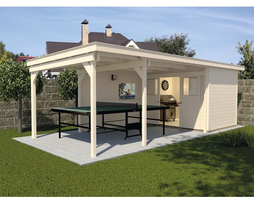 Gartenhaus mit Überdachung, Tischtennisplatte und Grillstelle im Außenbereich