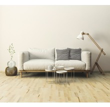 Wohnzimmer mit Sofa, Kissen, Lampe und Tischgruppe