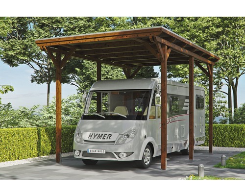 Einzelcarport SKAN HOLZ Emsland inkl. Regenrinne 404x604 cm nußbaum Holz Wohnmobil Carport mit Fahrzeug
