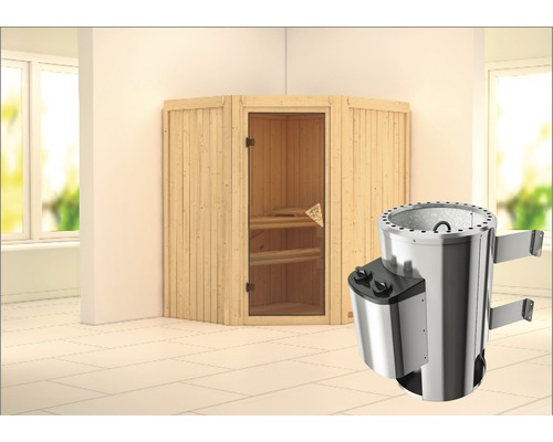 Plug & Play Sauna Karibu Monja inkl. 3,6 kW Ofen u.integr.Steuerung ohne Dachkranz mit bronzierter Ganzglastüre