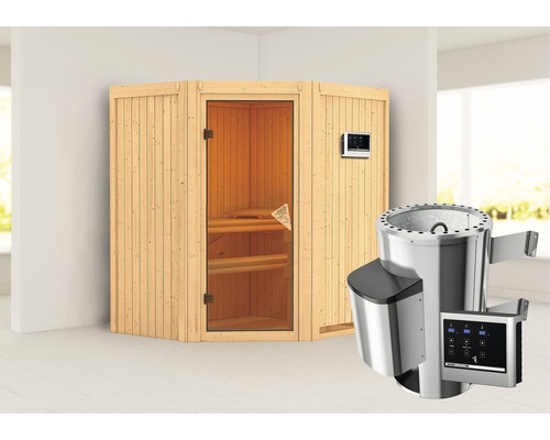 Plug & Play Sauna Karibu Monja inkl. 3,6 kW Ofen u.ext.Steuerung ohne Dachkranz mit bronzierter Ganzglastüre