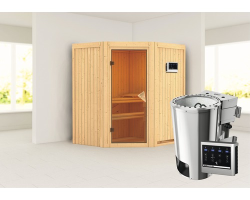 Plug & Play Sauna Karibu Monja inkl. 3,6 kW Bio Ofen u.ext.Steuerung ohne Dachkranz mit bronzierter Ganzglastüre