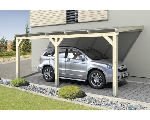 Einzelcarport SKAN HOLZ Vogtland mit Pfostenankern 300x541 cm natur Ein Carport aus Holz mit einem Auto darin.