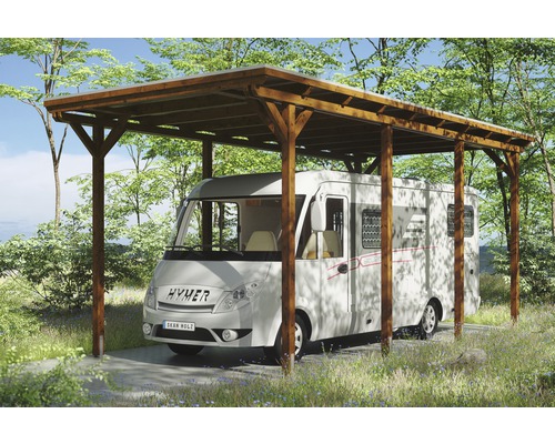 Einzelcarport SKAN HOLZ Emsland inkl. Regenrinne 404x846 cm nußbaum Wohnmobil unter einem Holzcarport im Grünen
