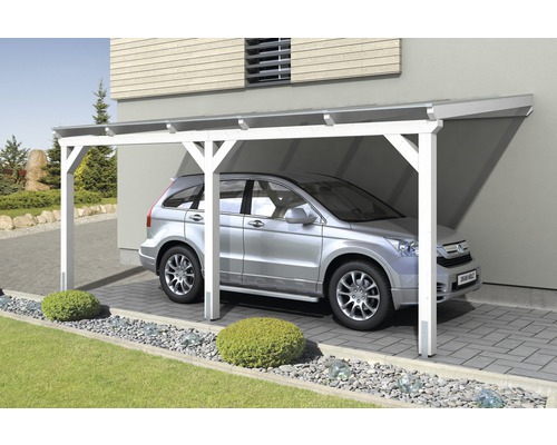 Einzelcarport SKAN HOLZ Vogtland mit Pfostenankern 300x541 cm weiß Auto unter Carport aus Holz