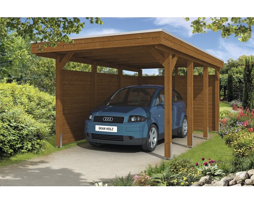 Carport aus Holz für 2 Autos mit Schuppen und Seitenwand